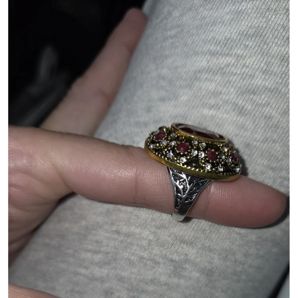 Large Oval Two Tone Red And White Cz Ring. Boho. Heavy. Statement Piece. 7